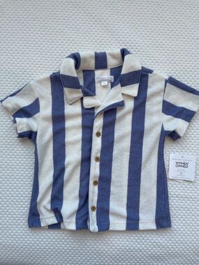 Grayson Mini Boys Blue White Striped Terry Cloth Button Down Shirt 2T NWT